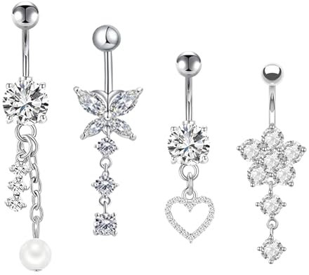 Landrain Lot de 4 piercings de nombril longs en acier chirurgical - Piercing de nombril en forme de papillon - Argenté, Acier inoxydable