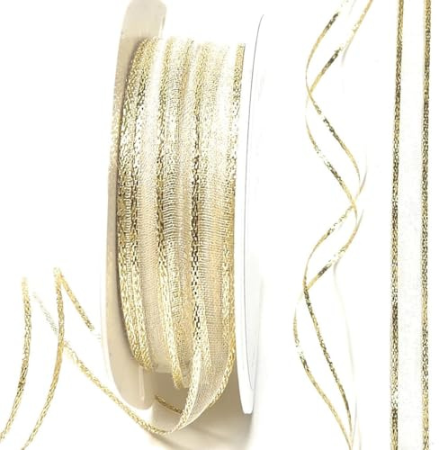 s.dekoda Schleifenband Organza 50m x 10mm Creme - Gold Dekoband mit Lurexkanten [D3136]