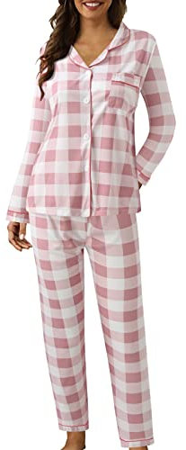 Pigiama Donna Cotone Completo da da a Maniche Lunghe in Due Pezzi con Stampa Scozzese con Bottoni sul Risvolto Casual da Donna Pigiami X Famiglie Invernali Set Couple Pigiama (Pink, XL)