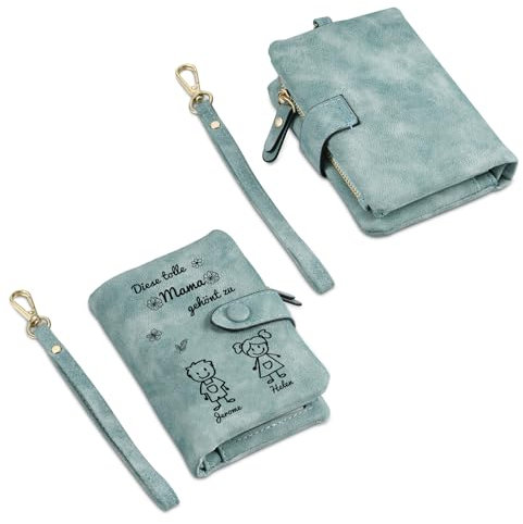 Geldbörse Damen Leder Personalisierte Geschenke - Portmonee Damen mit Namen Geldbörse für Frauen Damen-Geldbörsen Geschenke für Mama Oma (Geschenke für Mama: Blau-2 Namen)