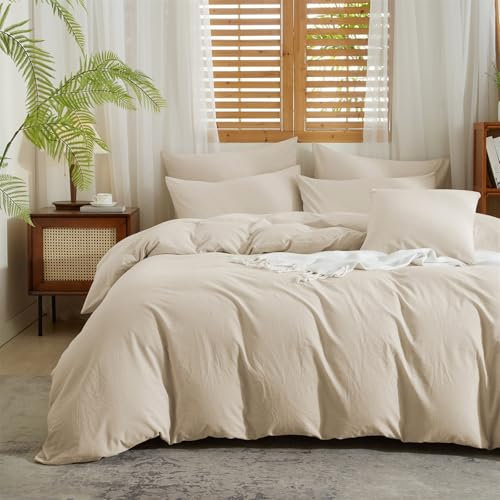 Gezu Housse de Couette Coton Lin 220x240 Beige Lin Coton Mélangé Parure de Lit Coton 100% Naturel Lin Coton Doux Respirant Linge de Lit 2 Personnes avec Fermeture Éclair et Taies d'oreiller 65x65 cm