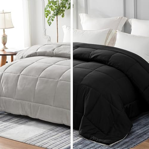 Whale Flotilla Edredón 220 x 240 cm, 300 g/m², Microfibra Suave, Transpirable, para Cama de 2 Personas, edredón Acolchado para 4 Estaciones, Negro/Gris Claro