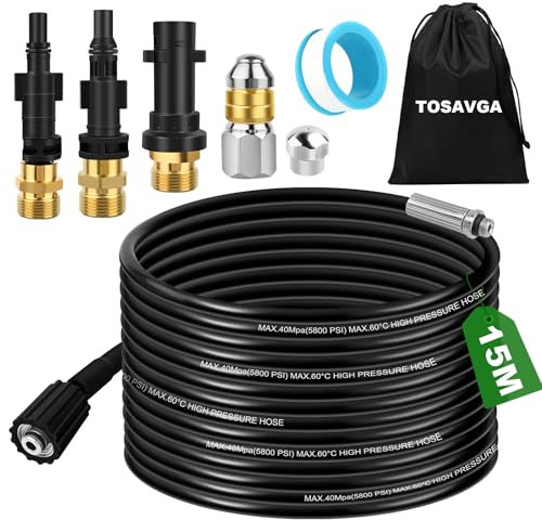 TOSAVGA 15M Tubo di Sonda Sturatubi per Idropulitrice, Tubo Idropulitrice di Ricambio per Karcher K2-K7, Tub per Idropulitrice 180bar, Tub Alta Pressione, Prolunga Idropulitrice per Lavor, per Bosch