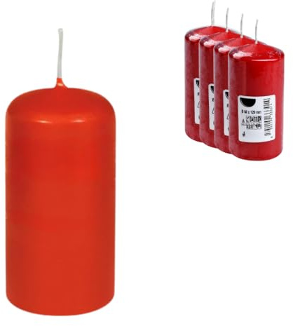DeinPack Stumpenkerzen rot - 4 Stück | Ø 6 cm- Höhe 12 cm | Brenndauer: ca. 30 Stunden | Hochwertige Stumpenkerze | ideal für Gastronomie, Hotels, Kirchen- Hochzeiten & Feierlichkeiten