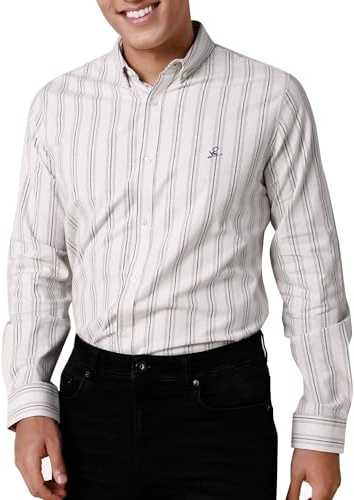 Enorsia Mens Slim Fit Striped Oxford Long Sleeve Shirt, Stretch Cotton Button Down Collar Smart Casual Shirt with Adjustable Cuffs and Embroidered Logo