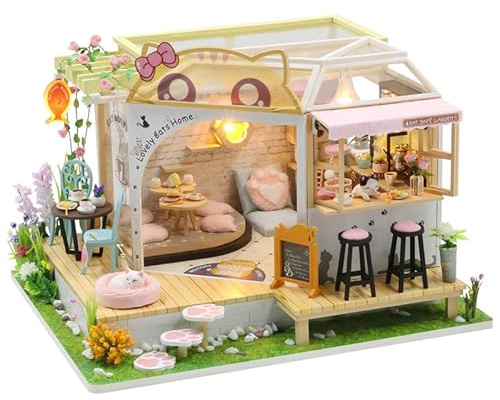 Bastelset Katze und Puppenhaus Miniatur 3D Modellbausatz aus Holz für Puppenhaus Kindergeburtstag Zubehör für Jungen Mädchen