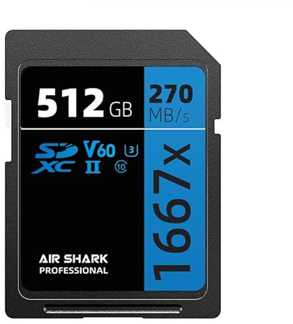 Air Shark Professional SD Memory Card V60, 512GB, Dual Row Gold Finger UHS-II, 270MB/s Speed, Level 10