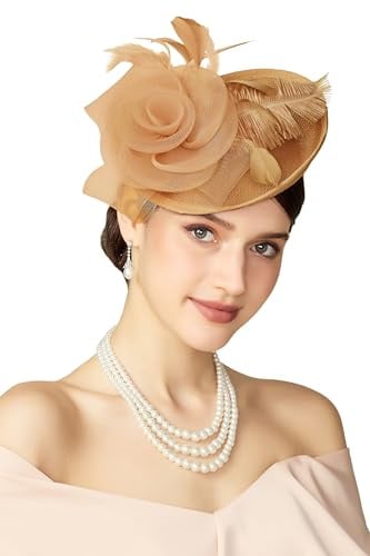 BABEYOND Damen Fascinator Hut mit Federn und Mesh-Blumen Pillbox Hüte, Elegante Kopfbedeckung mit Haarclip für Hochzeiten, Damen Race Day, Cocktail Party Champagnergold