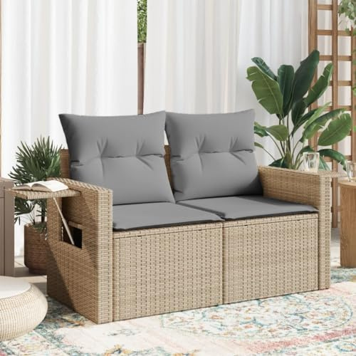 Runheo Gartensofa 2-Sitzer Beige, Poly Rattan Loungesofa mit Kissen, klappbaren Ablagen, Stauraum, wasserfestem Beutel, UV-beständig, 124x62x69 cm für Terrasse, Garten, Balkon