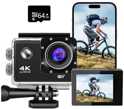 Action Cam, 4K30FPS 20MP actionkameras mit 64GB Karte, 40M Unterwasserkamera Wasserdicht Ultra HD Touchscreen 170 ° Weitwinkel, EIS Stabilisierung, WiFi Actioncam für Fahrrad, Schnorcheln, Motorrad
