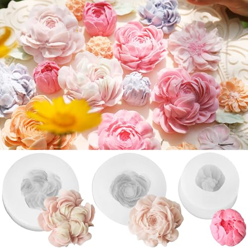 3 Stück Pfingstrose Blume Kerzenform Silikon,Silikonform Blumen,Blumen Kerzenform Silikon,3D Pfingstrose Silikonform,Rosen Pfingstrosen Butterblumen 3D Silikonformen,für DIY Herstellung,Gebäck
