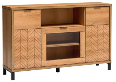 Masseno Kommode CARINI 158 cm Sideboard mit Schubladen und 3 Türen für Wohnzimmer Schlafzimmer Modern 158x40,6x90 cm Eichefarben