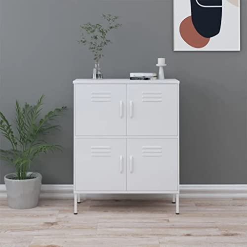 Boltkex Armoire de rangement blanche en acier 80 x 35 x 101,5 cm avec 4 portes et 2 étagères réglables en hauteur, pieds de nivellement, support mural pour un maintien sûr, espace de rangement