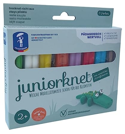 Feuchtmann JUNiORKNET Basic - Knetset 8 x 33g weiche Kinderknete in Stangen, vegane glutenfreie Spielknete, Nicht trocknende Knete, ungiftige Modelliermasse, Kinder ab 2 Jahren