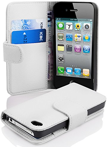 cadorabo Book Case works with Apple iPhone 4 / iPhone 4S in SNOW WHITE - with Stand Function and Card Slot made of Structured Faux Leather - Wallet Etui Cover Pouch PU Leather Flip