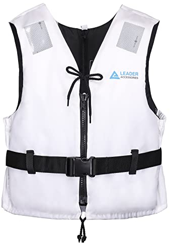 Leader Accessories Giubbotto Galleggiante, Gilet Aiuto al Galleggiamento, con Strisce Riflettenti, Gilet da Pesca Unisex, 50N(Bianco L: 70-90 kg)