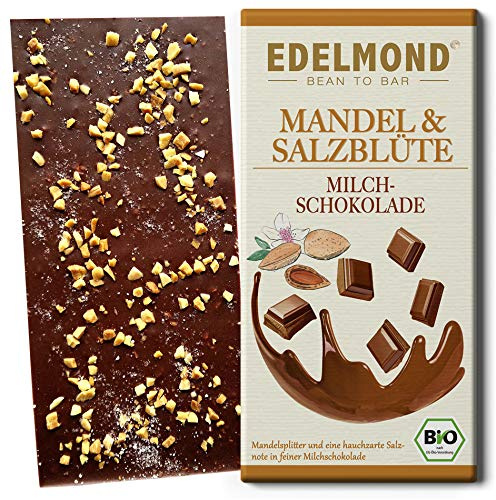 Edelmond Bio Mandel-Salz-Milchschokolade 54%, 1 Tafel, Geschenk, Edelkakao | Geröstete Mandeln und feines Salz in kakaostarker Milchschokolade, passt gut zu Wein, handgemacht,