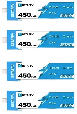BETAFPV 4pcs BT2.0 450mAh 1S Lipo Akku 3.8V 30C/60C 1.71WH 1S Akku mit BT2.0 Anschluss Kompatibel für 1-2S FPV RC Whoop Drone Quadcopter wie Cetus Pro Meteor75 Cetus X Emax Tinyhawk Micro Drones