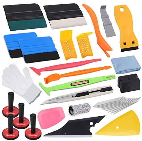 Pro Vinyl Wraps Applicator Tool Kit Window Tint Car Wrapping Film Tools Includes Felt Squeegees, Plastic Scraper, Knife and Blades, Magnetic Holders, Cleaning Cloth, Gloves and Finger Sleeve