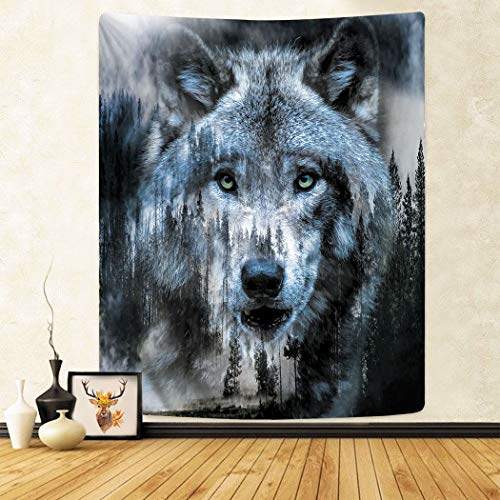 YISUMEI Wandteppich Wald Blauer Wolf Gedruckte Wandtuch für Schlafzimmer Decor 130 x 150 cm
