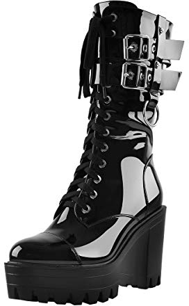 Only maker Damen Plateau Stiefeletten Schnürboots Hablstiefel mit Reßverschluss Lack Schwarz 40 EU
