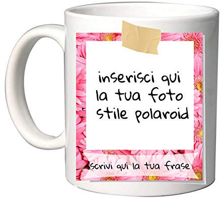Mr. Gadgets Tazza Personalizzata in Ceramica con Foto e Testo – Cornice Stile Istantanea Vintage – Idea Regalo Unica per Amici, Famiglia e Occasioni Speciali (Fiori Rosa)