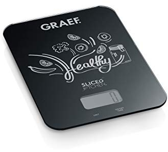 GRAEF. Digitale Küchenwaage KS202, schwarz, leicht zu reinigende Glasoberfläche, Wiegefunktion bis zu 5 kg, intelligente Tara-Zuwiegefunktion
