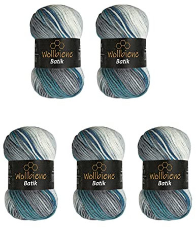 5 x 100g Wollbiene Batik 500 Gramm Wolle mit Farbverlauf mehrfarbig Multicolor Strickwolle Häkelwolle (5950 blau türkis grau)
