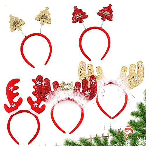 Esportic Weihnachts Kopfschmuck, 5 Stück Haarreifen Weihnachten Stirnband, Weihnachtsstirnbänder Weihnachtsbaum Haarschmuck Weihnachten Haarreif Rentier Geweih, Party-Hüte Accessoires Geschenke