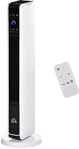 HOMCOM Radiador Eléctrico bajo Consumo 1100/2200W Calefactor Eléctrico de Torre con Mando a Distancia Pantalla LED Temporizador de 8H 3 Modos y Oscilación para 25 m² Blanco