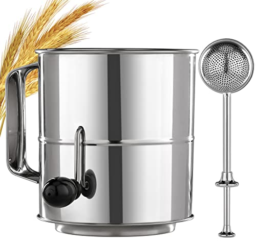 PIQUEBAR Flour Sifter - 8 Cup Fine Mesh Hand Crank Sifter Stainless Steel with Agitator Wire Loop for Baking, Powdered Sugar Duster Set