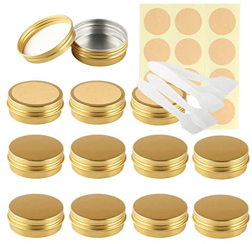 LusDoly Pack of 20 Empty 30ml Gold Aluminium Tins with Lids - Ø52x21mm Round Aluminum Screw Pots Travel Round Cosmetic Cream Container Jars for Candle Lip Balm, Salve with Spatulas & Labels