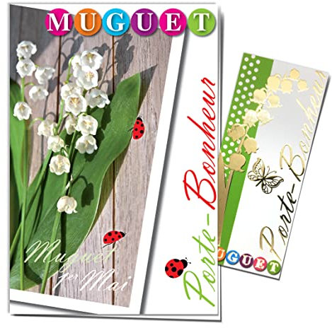 68-1305 Carte avec Marque-Page en Or Doré Brillant Muguet Porte-Bonheur 1er Mai 13 Clochettes Blanches Coccinelles Bête à bon Dieu Fête du travail - Enveloppe Incluse - Fabriqué en France