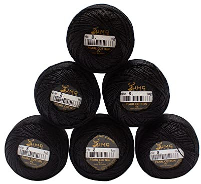 UMC STAG 6 Knäuel schwarz Farbe 310 Premium Perlgarn Baumwolle Stickgarn Größe 8 | 100% ägyptische Baumwolle Häkelgarn | Kreuzstich-Stickgarn | Oeko TEX zertifiziert | 10 Gramm pro Knäuel (schwarz)
