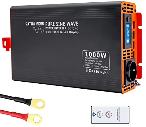 DATOUBOSS 1000W/2000W 24V auf 230V Reiner Sinus Wechselrichter Spannungswandler mit EU-Steckdose,Type-c Anschlüsse,LCD Display,Einer 2,1A USB