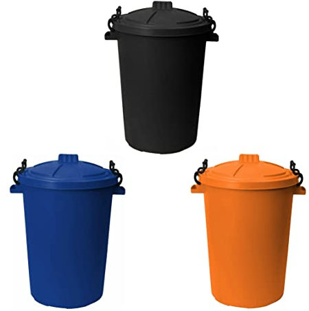 JMS we create smile (๐๐๐ญ ๐๐ ๐ 50L 50 Litre Storage Large Clip Lock Bin Food Grade Plastic Waste Rubbish Kitchen Bin Garden Animal feeding Bin Made in UK (Black + Blue + Orange)