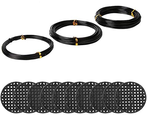 Trjgtas Bonsai-Draht-Set mit Blumentopf-Loch-Netz-Pad, Kupfer-Bonsai-Trainingsdraht für Kit 20 Kunststoff-Netzmatten, Schwarz