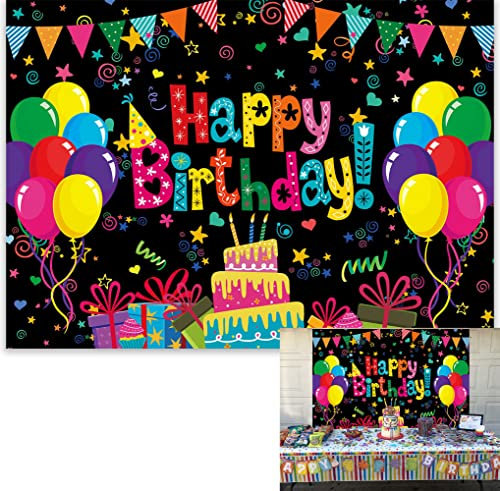 BINQOO Colorful Happy Birthday Backdrop Balloons Gifts Colorful Cake Background for Children Birthday Girls Boys Cartoon Birthday Party Celebrate Banner Props (Black, 7x5FT)