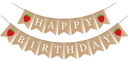 Jute Jute Erdbeere Thema Happy Birthday Party Dekoration Banner Glitzer Erdbeere Sommer Party Dekoration Sackleinen Banner Berry Sweet Girl Party Dekoration Girlande mit Blume für Kaminsims