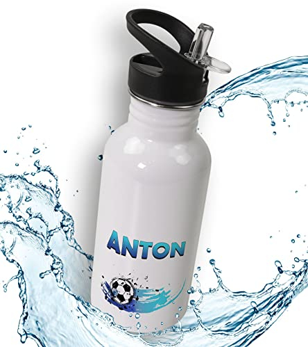 timalo® Trinkflasche für Kinder personalisiert mit Namen | auslaufsichere Edelstahl Fußball Sportflasche Kindergarten Geschenk für Jungen und Mädchen 400mL | Fußball blau