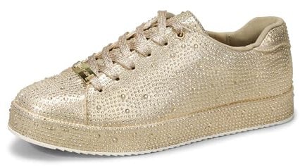 LUCKY STEP Platform Rhinestone Fashion Glitter Sneakers | Sparkly Bling Bedazzled Wedding Bridal Shiny Shoes for Women (Gold Rhinestone, 10US-41EU-8UK)