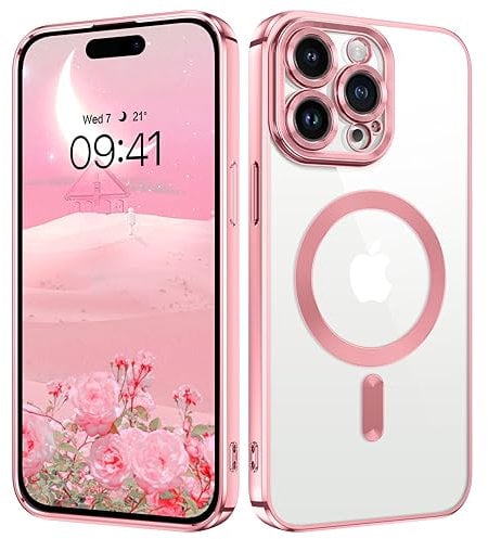 DUEDUE Magnetic for iPhone 15 Pro Max Case Clear [Compatible with Magsafe] Wireless Charging Shockproof Protection, Slim Transparent Back Anti-Yellowing Phone Cover for iPhone 15 Pro Max 6.7, Pink