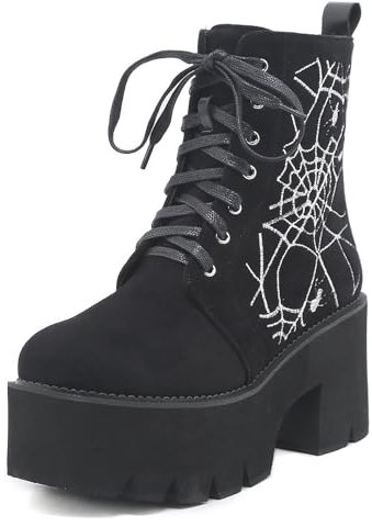 Roimaash Stylish Plateau Kn?chel Stiefel Chunky Heels Goth Stiefeletten Flachform Schnüren Kampfstiefel Metal Chain Schnalle Decorative Cosplay Stiefel Black Size 38