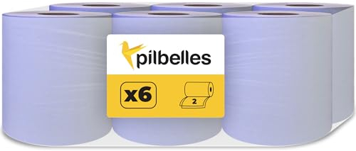 PILBELLES 6 Bobines Dévidage Central Essuie-Tout | Rouleaux Papier 2 Plis Bleu | 100 m/rouleau