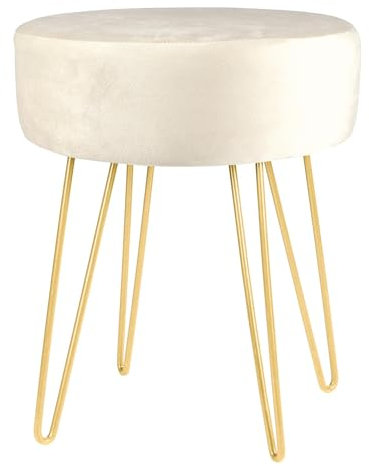 Harbour Housewares 1x Creme/Gold H40 x D35cm Runden Samt-Fußhocker - Klein Wohnzimmer Schminktisch Fußbank Ottomane Sitzpuff Stuhl Sitz