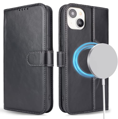 ELTEKER Handyhülle für iPhone 15 Hülle [Echtes Leder] Klapphülle Schutzhülle Flip Case - Schwarz