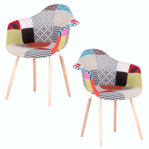 Uderkiny Skandinavischer Patchwork-Stuhl, 2er-Set Esszimmerstühle, Moderner Design-Sessel, Leinenrücken, Holzbeine（Rot,2