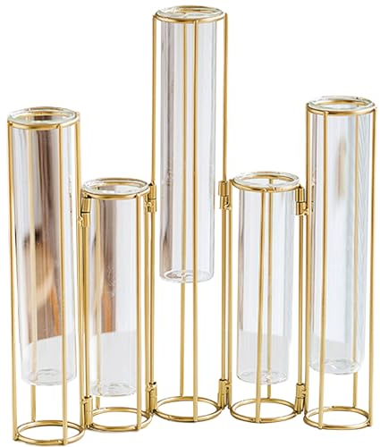 Bud Vasen 5pcs Ausbreitungsrohre mit Metallständer, faltende Goldblumenständer, klare goldene Knospenvasen für Hochzeitstisch Wohnheimdekoration