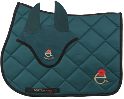 Satteldecke + Mütze Equityum Poppy, hohe Qualität, italienisches Design, innovative Materialien, Atmungsaktivität und raffinierte Details für den Komfort des Pferdes (Grün/Schwarz, Cob)