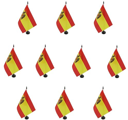 AZ FLAG - Lot de 10 Drapeau De Table Espagne 1977-1981 21x14cm - 10 Petits Drapeaux Espagnol Ancien De Bureau 100% Polyester Avec Hampe De 25cm Et Socle En Plastique Noir